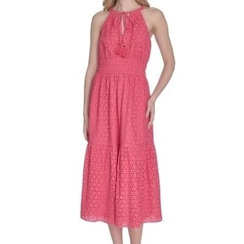 Vince Camuto Cotton Sleeveless Eyelet Zip Closure Midi Dress Pink Womens 14 Nwt